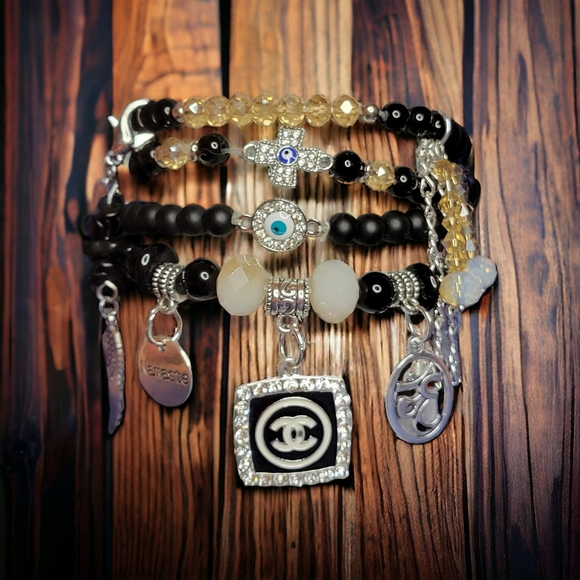 Black CC Crystal Namaste Charmed bracelets Set - Picture 1 of 7